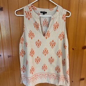 Anne Carson Linen Blend Sleeveless Block Print Split Neck Top Beige Orange